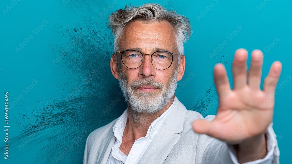 Poster man with glasses is standing in front of a blue wall. he is holding his hand up in a gesture of stop