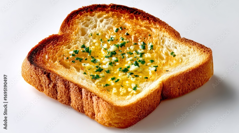 Poster slice of toast with butter and parsley on top. the butter is spread evenly over the bread, and the p