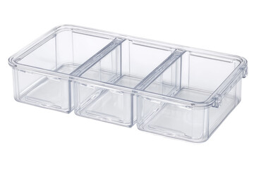 Clear plastic three-compartment organizer on white