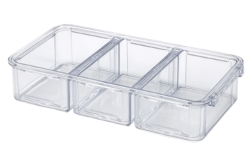 Clear plastic three-compartment organizer on white