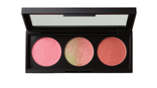 Compact blush palette with three round shades.  A dark, rectangular palette holds three circular blush compacts.  A small, clear mirror is visible inside the lid.