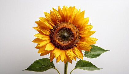 Naklejka premium Close Up Of A Sunflower With A Stem And Leaves Against A White Background