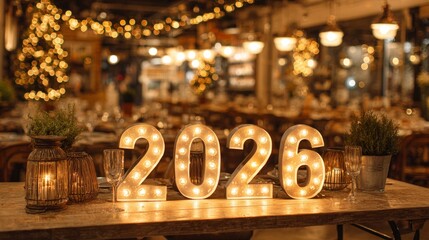New Year celebration and festive atmosphere concept, glowing marquee numbers 2026 on decorated dinner table with warm bokeh lights, horizontal, photo Concept: new year, celebration, festive decor, 