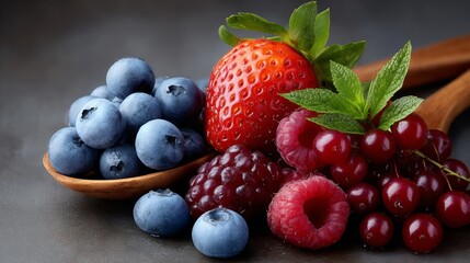 A spoonful of blueberries, strawberries, and raspberries. The spoon is wooden and the berries are fresh