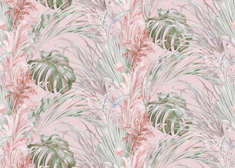 Seamless botanical pattern jungle with watercolor leaf silhouettes for textile
