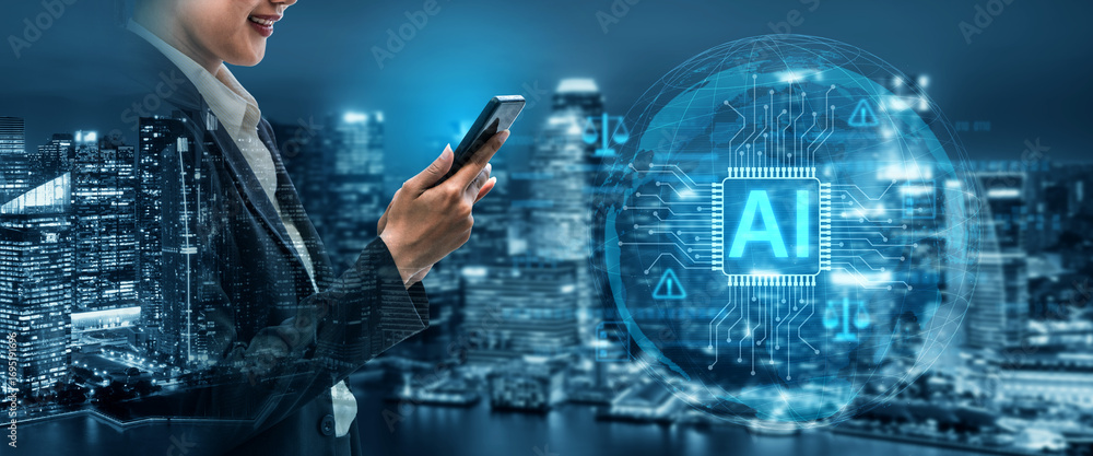 Poster ai circuit microchip with glowing blue lines, surrounded by legal scales, warning symbols, data shee