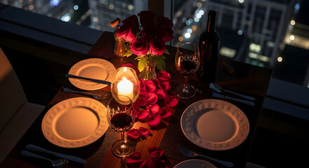 Romantic Dinner Setting In City Lights Showcased For An Intimate And Special Night