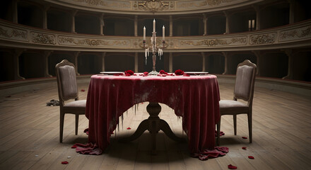 Romantic Dinner Scene In Historic Auditorium With Elegant Table And Crimson Decor