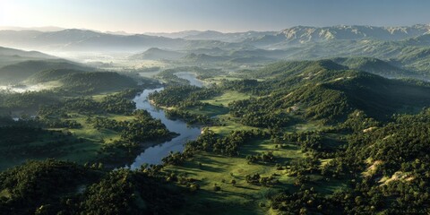 Fototapeta premium Serene Dawn over Wide Lush Green Valley with Winding River