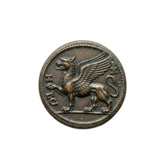 Ancient, tarnished bronze coin with a griffin in high relief, showing verdigris and erosion, flat on a transparent studio background with copy space, concept of ancient heritage and archaeological