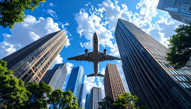 Airplane flying over skyscrapers