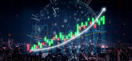 Dynamic financial chart overlaying urban skyline at night, depicting market trends and growth potential in a digital environment Impute.