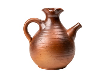 A handcrafted terracotta pitcher with a distinctive design, showcasing intricate surface texture and warm, earthy tones.