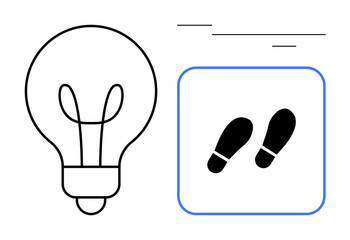 Obraz premium Lightbulb next to outlined footsteps in a square, suggesting progress, innovation, and creativity. Ideal for ideas, problem-solving, strategy, innovation plans guidance growth. Simple flat