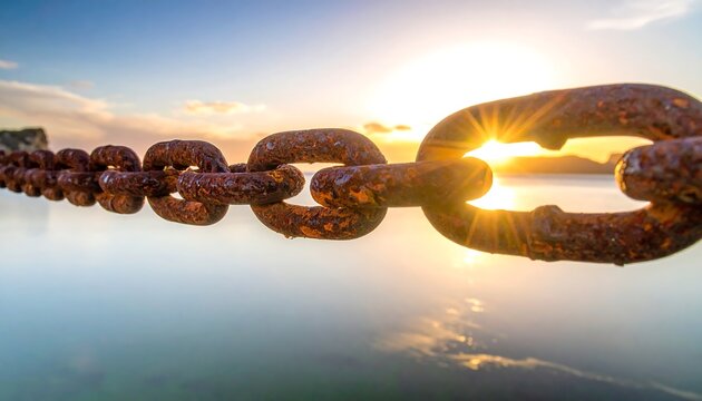 A rusty chain link spans the tranquil water, showcasing the sun's rays piercing through.
