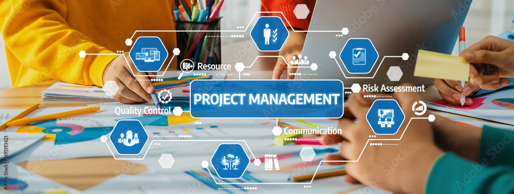 Poster engaging team members in project management through visual tools enhances communication and resource