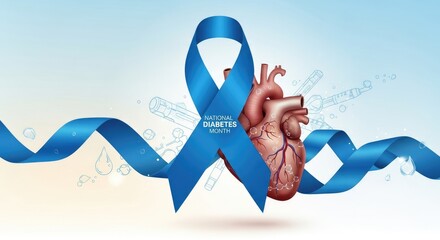 National Diabetes Month awareness, detailed human heart, blue flowing ribbon, medical science symbols, water droplets on a bright gradient background, promoting metabolic health.