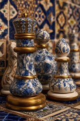 Ornate chess pieces, detailed in blue and white floral patterns, stand on a decorative tile board, showcasing intricate gold accents.