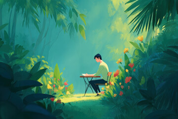 teenager is inspired by nature to start writing their first book as ai assistant guides them