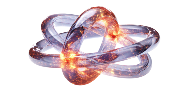 Abstract, three-ring, transparent,  glowing structure;  energy bursts within