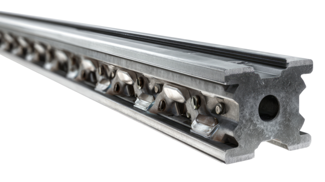 Industrial machine part, long, metal bar, with multiple,  embedded components