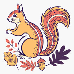 Cute squirrel with acorn and leaves