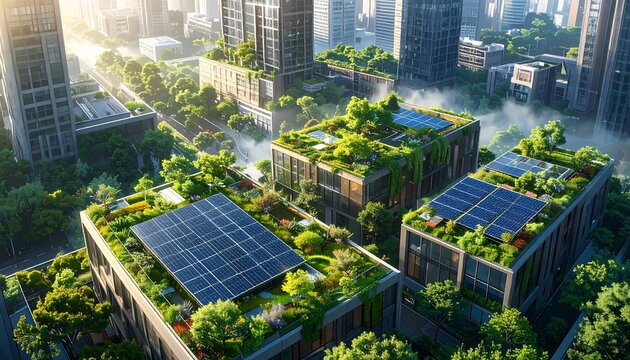 An aerial view of modern sustainable buildings with lush green rooftop gardens and solar panels, showcasing a vibrant city design.