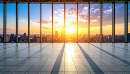 Fototapeta premium Empty office space with city view at sunset (1)