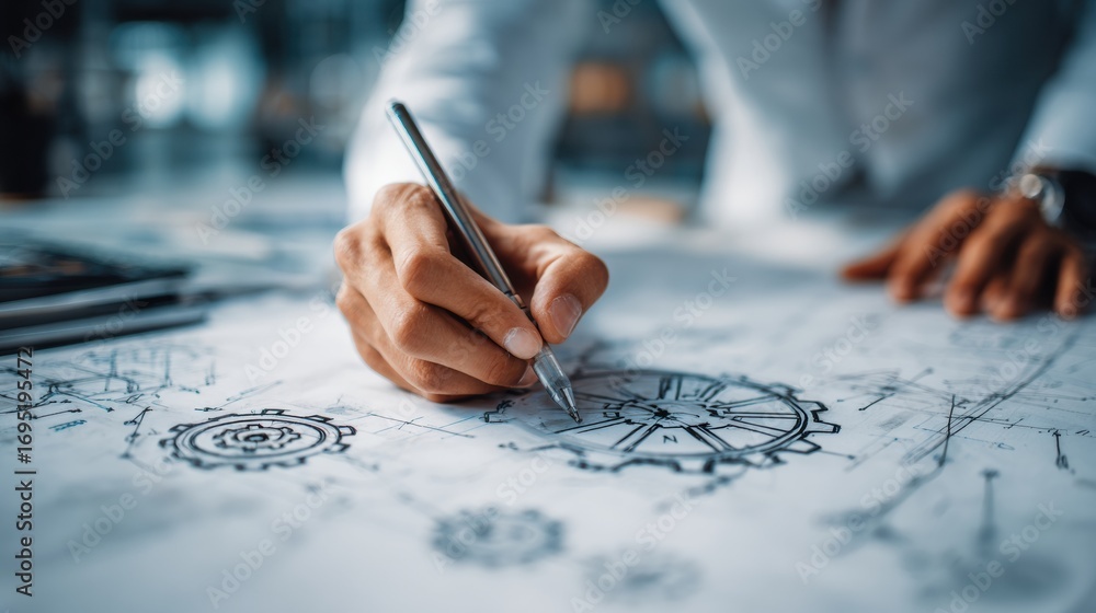 Aufkleber engineer sketches mechanical designs on blueprint with precision in a busy workspace