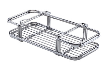 Chrome bathroom caddy, shelf, storage, isolated, white background, hotel amenity