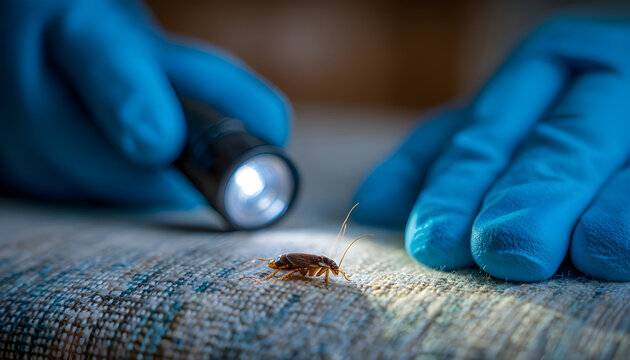 Pest control worker examines a home sofa for cockroaches and other pests using a flashlight. This inspection aims for effective insect disinfection and control, ensuring a insect free living space