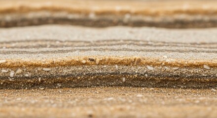 Close-up of stratified sand layers with shell fragments on a beach