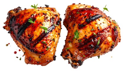 Two grilled chicken thighs, glistening with a flavorful glaze, are highlighted against a stark white background.