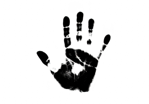 Black handprint made with ink or paint, isolated on transparent background