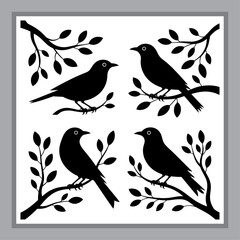 Bird Silhouettes on Branches Graphic Art Illustration of Wildlife in Nature Scenery for Home Decor and Crafts
