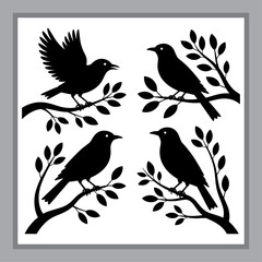 Bird Silhouettes on Branches Graphic Art Illustration of Wildlife in Nature Scenery for Home Decor and Crafts