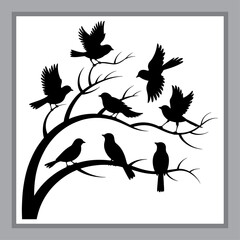 Silhouette of Birds Perched on Branches against a White Background, Presented in a Frame, Evoking a Sense of Nature and Peace