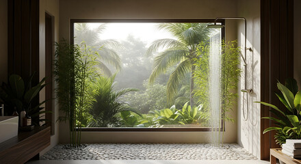 Serene bathroom design with shower and scenic jungle view for relaxation and comfort