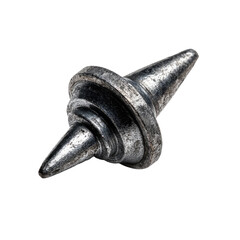 Close-up of a metallic spinning top.  Two pointed tips extend from a circular disc