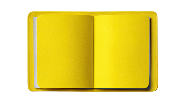 Yellow notebook open, flat lay, studio, blank pages, design mockup
