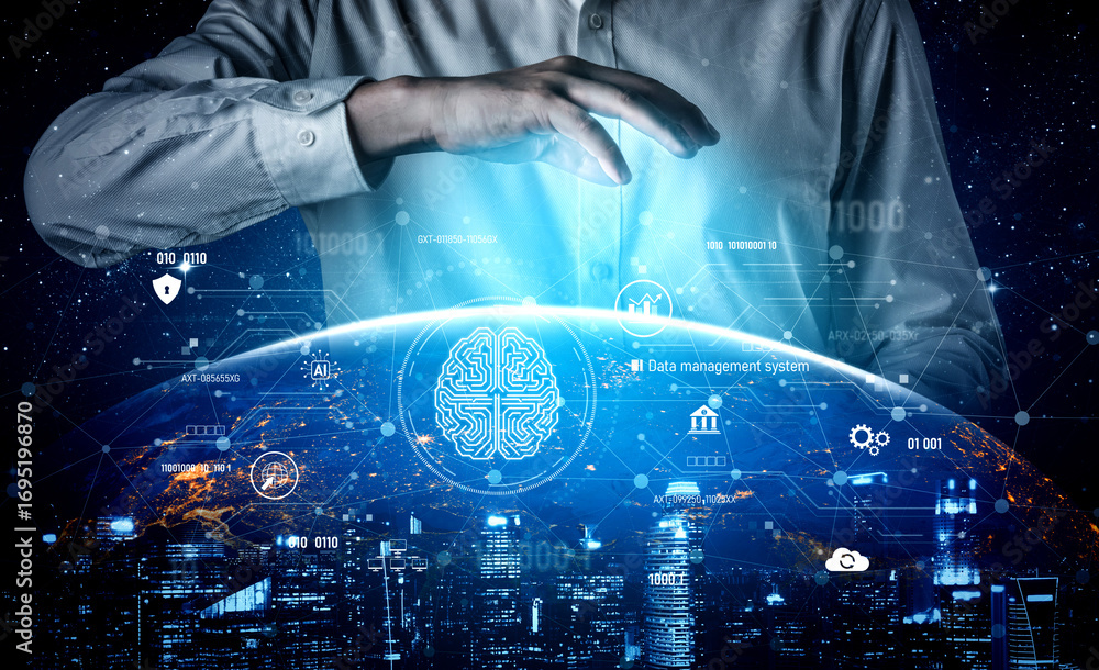 Poster ai data management system for digital analysis, with ai, data, and system repeating for better seo t