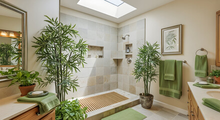 Serene Bathroom Interior Featuring Lush Plants, Natural Light, and Modern Design Elements