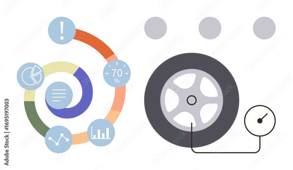 Poster circular data visualization with charts, graphs, and percentage icon paired with a tire and pressure