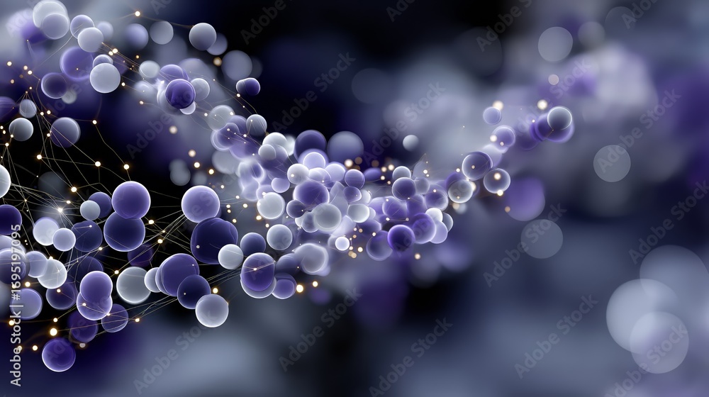 Poster luminescent purple white molecular network showing intricate connections, glowing against deep shado