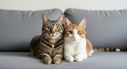 Two adorable cats relaxing on a cozy gray sofa