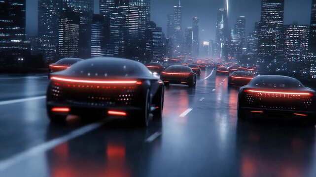 Modern cars drive along a bright futuristic city street filled with glowing lights and advanced architecture
 - Powered by Adobe