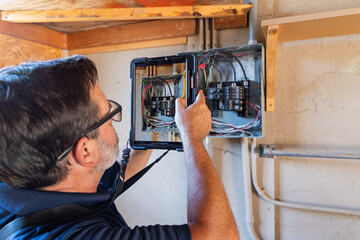 a home inspector checking an old electrical panel, inspection, 
