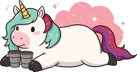 Art & IllustrationCute cartoon unicorn drinking coffee, kawaii magical creature illustration, pastel fantasy character, rainbow mane, relaxing, adorable vector art