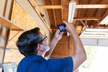 home inspector taking infrared thermography camera pictures of a lighting fixture in a garage workshop