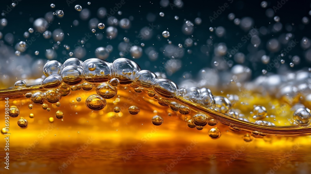 Poster golden honey wave cresting with scattered bubbles, floating against deep shadowy backdrop, forming m
